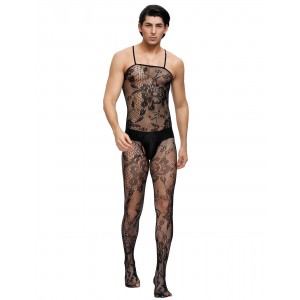 Men's Bodystocking, Floral mesh, ONE SIZE, BLACK